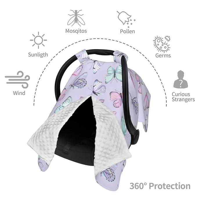Purple Butterflies Car Seat Covers Canopy for Babies, Soft Stroller Cover Nursing Cover Breastfeeding Baby Carrier Cover for Shower Gift Newborn Toddler