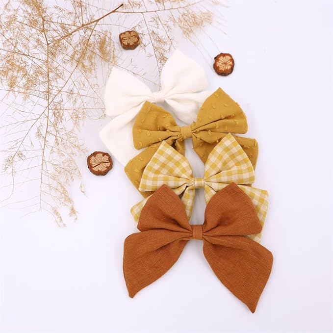 4 PCS Sailor Bow Hair Clips for Kids Girls Women Linen cotton Hair Bow Alligator Clips Baby Toddler Girl Mom Hair Accessories (Gold Autumn)