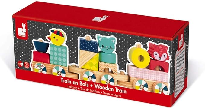 Janod - Baby Forest Wooden Train - Pull-Along Toy - 17 Blocks Included - Learning Shapes and Colours - Developing Fine Motor Skills - from 1 Year Old, J08022
