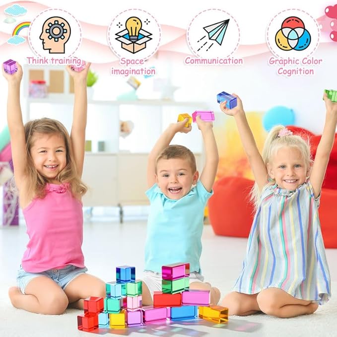 Meooeck 20 Pcs Acrylic Gem Cubes Blocks for Kids Translucent Rainbow Building Blocks Crystal Light Shadow Stacking Toys for School Education Training Learning(2 Sizes)