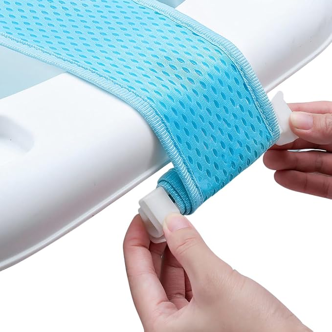 Baby Bath Seat Support Net Infant Bathing Support Mat Newborn Bath Tub Seat Cushion Pad with Five Safety Support Corner Adjustable Mesh Bathtub Sling Non Slip Shower Pad for 0-18 Months (Blue)