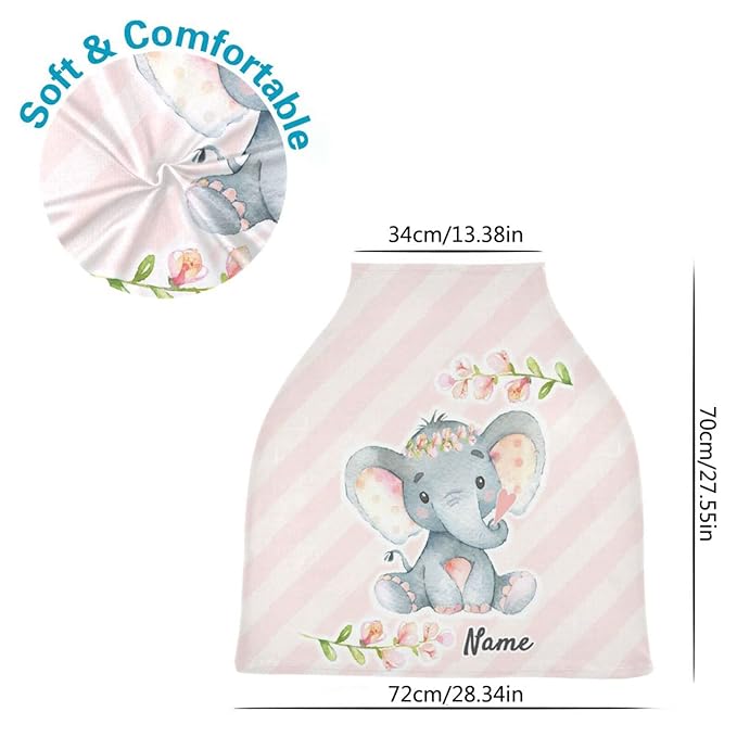 Personalized Cute Elephant Infant Baby Car Seat Cover with Name, Nursing Breastfeeding Scarf, Shopping Cart Seat Covers, Stroller Canopy, Gift for Infants Newborn Girl Boy