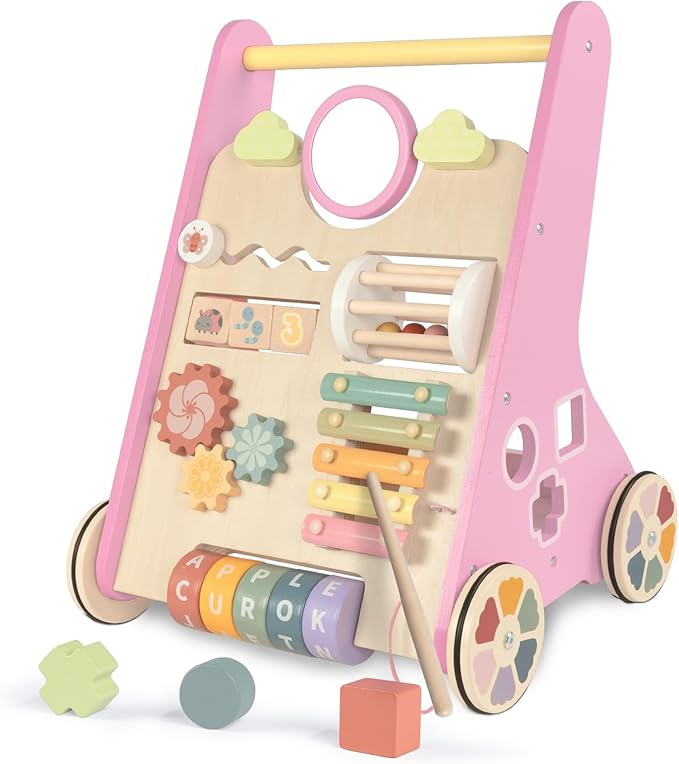 LOL-FUN Wooden Baby Walker for Girls with Wheels, Push Walker for Girl 12 Months, Pink Baby Push Toy for 1 Year Old Walking