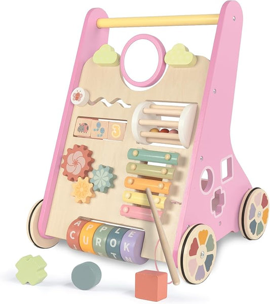 LOL-FUN Wooden Baby Walker for Girls with Wheels, Push Walker for Girl 12 Months, Pink Baby Push Toy for 1 Year Old Walking