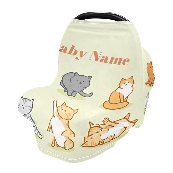 Personalized Baby Car Seat Cover for Babies, Custom Name Baby Car Seats Canopy for Girls Boys, Funny Cat Nursing Breastfeeding Stroller Covers for Infant Newborn, Shower Gift for Baby