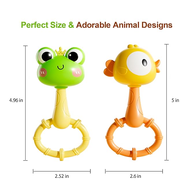 2 Pack Baby Rattles 0-12 Months, Montessori Sensory Teething Toys, Fully Boilable Silicone Maracas Shaker, Fine Motor Skills, Frog & Chick Newborn Gift
