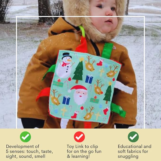 Baby Jack & Co 8x8” Baby's First Christmas, Stocking Stuffer, Santa Gift, Rudolph Red Nose Lovey Tag Toy - Crinkle Toy for Developing 5 Senses - Soother - Travel Gift - BPA Free w/Stroller Clip