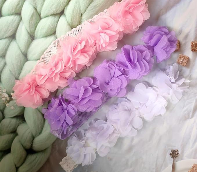 Jilukibo Baby Elastic Lace Bows Flower Headbands, Stretch Gold Princess Floral Hair Band Headwear for Infant Girls Toddler Hair Accessories (3 Pack, White Pink Purple)