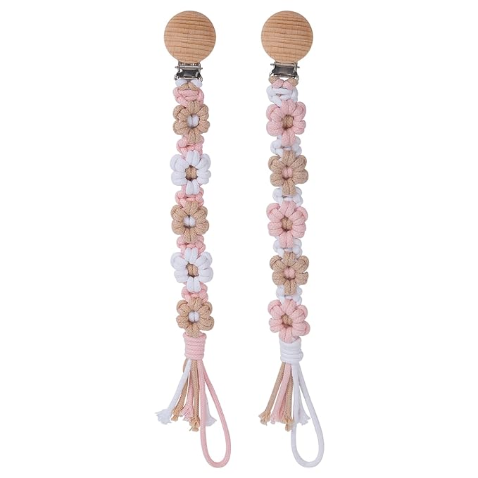 Pacifier Clip for Boys Girls Floral Daisy Macrame Baby Paci Clip Pacifier Holder Leash Boho Wooden Clips Handmade Braided Cotton Binky Clips (2pack:Khaki Style × 2)