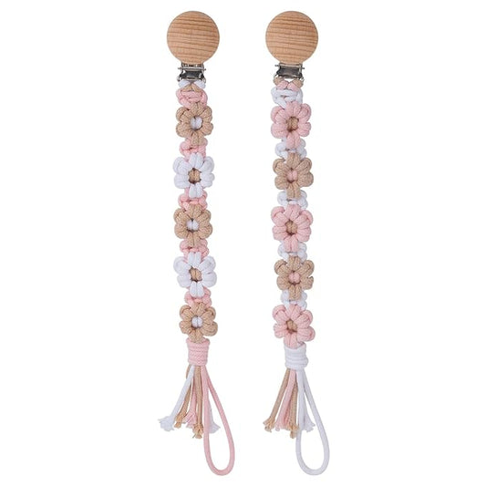 Pacifier Clip for Boys Girls Floral Daisy Macrame Baby Paci Clip Pacifier Holder Leash Boho Wooden Clips Handmade Braided Cotton Binky Clips (2pack:Khaki Style × 2)