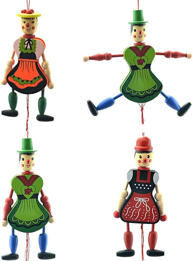 Pull String Puppet Toy 4 Pieces, Creative Puppet Toy Funny Wooden Toy Ornament Hanging Children Birthdays Gift