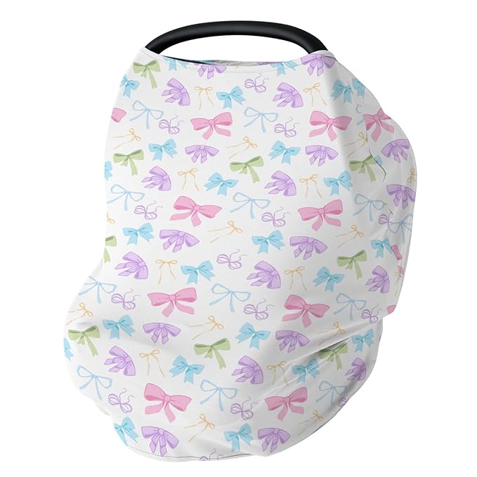 Spring Pastel Bows Baby Car Seat Covers Colorful Rainbow Bows Stretchy 5-in-1 Cover Adjustable Car Canopy Cover Cute Girly Breathable Nursing Cover-Up