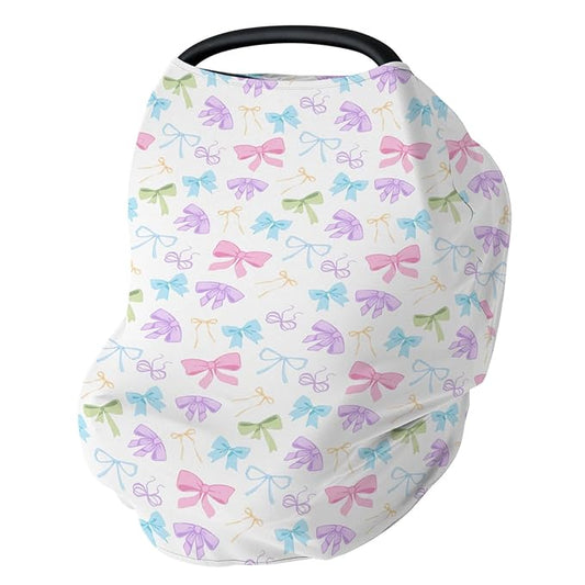 Spring Pastel Bows Baby Car Seat Covers Colorful Rainbow Bows Stretchy 5-in-1 Cover Adjustable Car Canopy Cover Cute Girly Breathable Nursing Cover-Up