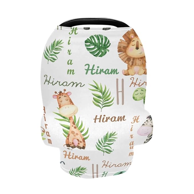 Personalized Monogram Name Baby Car Seat Covers for Boys Girls, Customized Nursing Cover Breastfeeding Scarf, Multi-Use Stroller Canopy for Newborn Infants, Breathable Carseat Cover, Zoo Animal