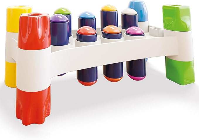 Quercetti: Hammer Peggy - Classic Peg Pounding Bench Toy, Interactive & Colorful, Raise & Lower The Sturdy Board, Cause-Effect Play, Toddler-Kid 18mo+