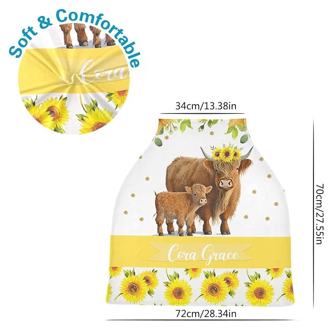 Personalized Baby Car Seat Cover for Boys Girls, Custom Nursing Covers for Breastfeeding with Name, Infant Stroller Cover, Baby Carseat Canopy for Newborn, Multiuse Car Seat Canopies, Sunflower Cow