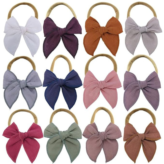 Sugarmelon Linen Bow Nylon Headband for Baby Newborn Infant Toddler Hair Bow Elastic Bands for Baby Girls Little Kids Headbands (Linen Fable bow 3'')