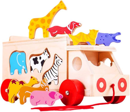 Bigjigs Toys, Animal Lorry Wooden Shape Sorter, Shape Sorters for 2 Year Olds, Pull Along Toy, Baby Wooden Toys