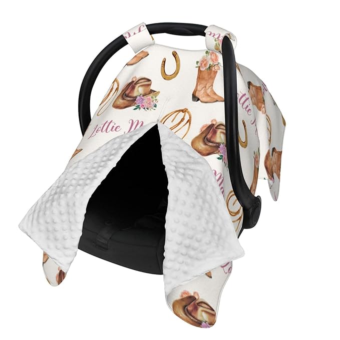 Personalized Cowgirl Baby Car Seat Canopy for Girls – Custom Name Minky Nursing Cover, Infant Carseat Canopy, Opening Breastfeeding Stroller Cover for Newborn Baby Gift