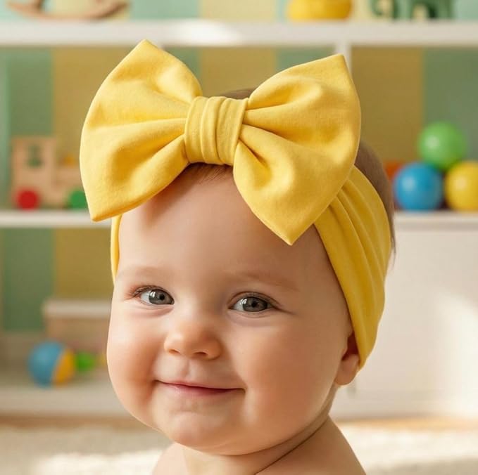 Newborn Baby Girl Headband 0–6 Months – Soft Cotton Big Bow Headband for Infants, Stretchy Baby Hair Band, 4.3" (11 cm) Bow, 2.4" (6 cm) Band (Yellow, 0-6 Month)