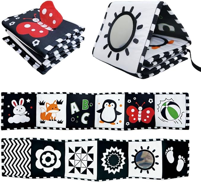 Aila+Aiden Baby Toys, Tummy Time High Contrast Newborn Toys 0-3 Months, Soft Baby Book, Visual Stimulation Montessori Sensory Infant Baby Book (Black White and Colorful)