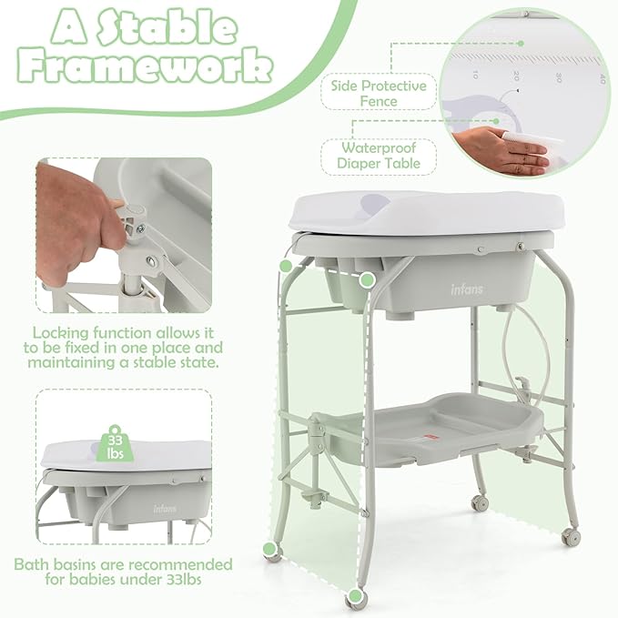 INFANS 2 in 1 Baby Changing Table with Bath Tub Unit, Folding Diaper Dresser Station with Wheels Waterproof Pad Storage Rack, Portable Nursery Organizer Stand for Newborn Infant (Light Grey)