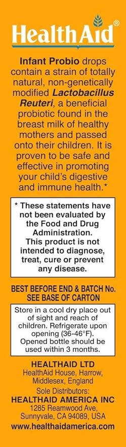 HealthAid InfantProbio 200 Million CFU Vegan Probiotic Drops for Infants & Children – Lactobacillus reuteri Strain – Daily Digestive Comfort & Gentle Colic Support, Non‑GMO, Gluten‑Free