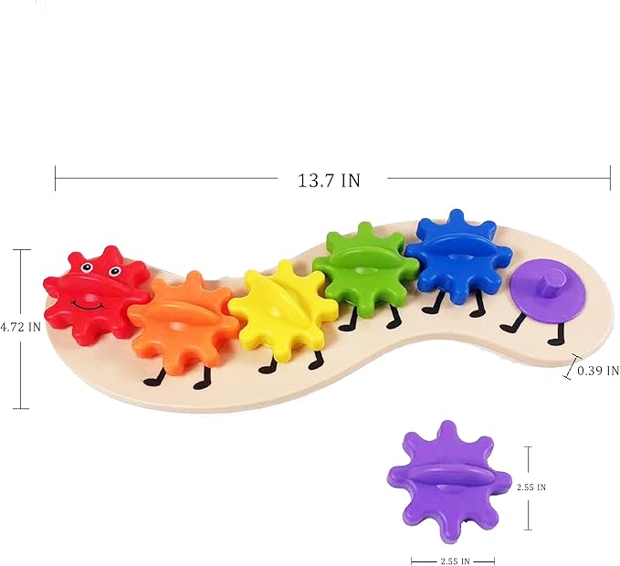 Rainbow Caterpillar Gear Toy - Teaches Color Names & Matching - Spinning Rainbow Baby Toy - Toddler Puzzle