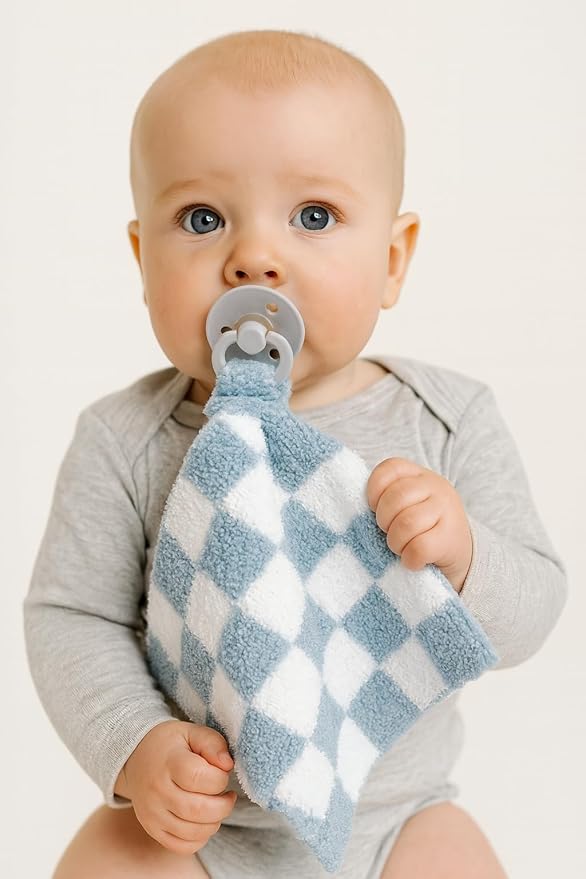 L+L USA Checkered Baby Lovey Pacifier/Teether Holder 10"x10" - DreamSoft Plush Fluffy Cuddly Soothie Reversible Mini Comfort Blanket - Cute Newborn Gift Essential Babies Boys Girls (Steel Blue/White)