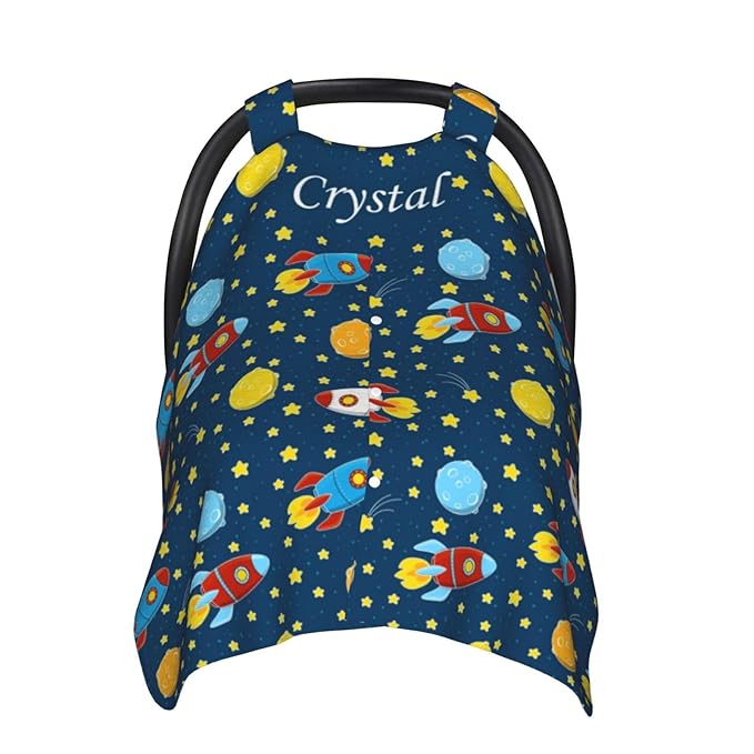 Personalized Baby Car Seat Canopy for Babies with Name, Custom Rocket Stroller Car Seat Covers for Boys Girls, Nursing Carseat Cover for Breastfeeding, Car Seat Canopies for Infant Newborn