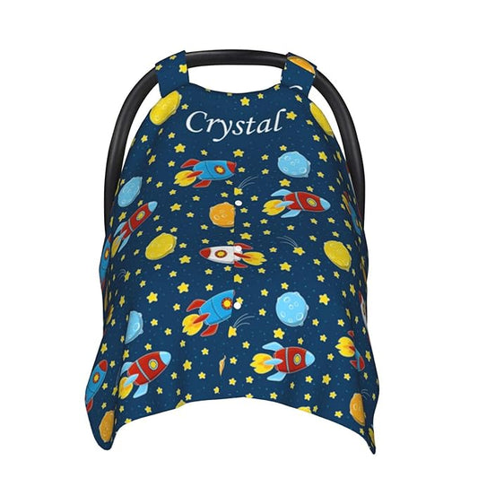 Personalized Baby Car Seat Canopy for Babies with Name, Custom Rocket Stroller Car Seat Covers for Boys Girls, Nursing Carseat Cover for Breastfeeding, Car Seat Canopies for Infant Newborn