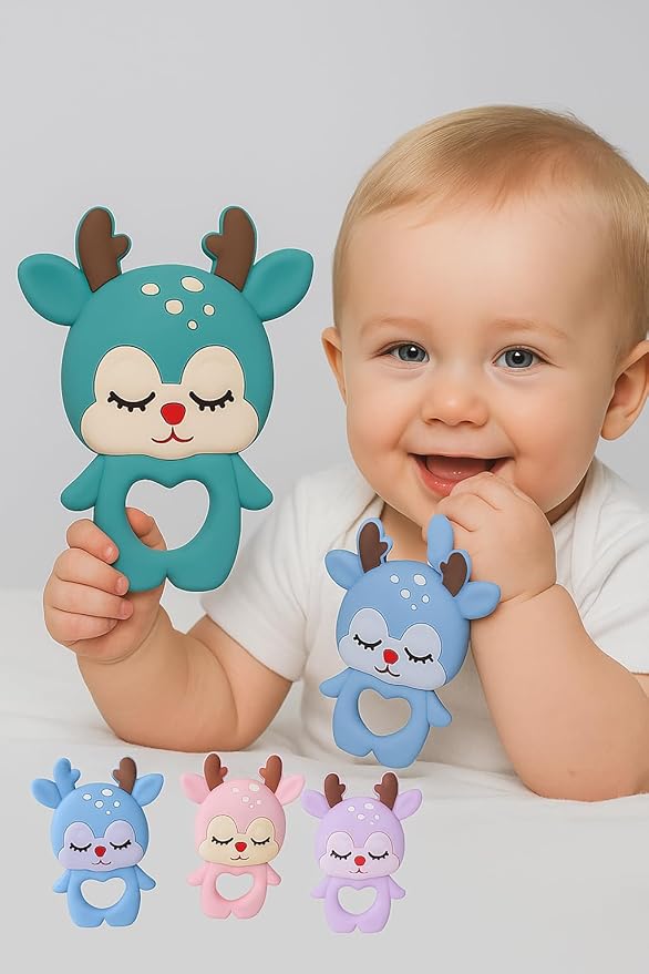 Silicone Baby Teether 2-Pack (Elephant & Deer) – BPA-Free, Soft, Safe, and Easy to Hold for Infants
