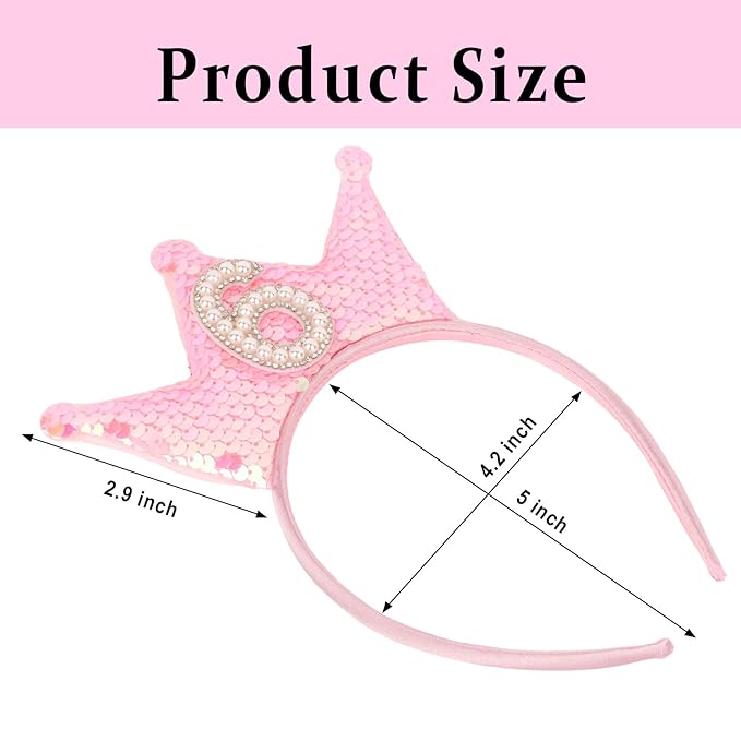 Birthday Crown Headband Pink Glitter Headbands for Girls Gifts for 6 Year Old Girl 6th Birthday Decorations for Girls