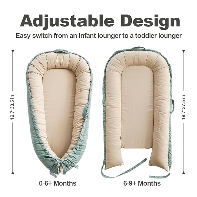 Baby Lounger, Baby Nest Cover for Baby, Reversible & Breathable Cotton, Adjustable Baby Floor Seat for Tummy Time, Portable Infant Lounger, Essentials for Newborns (Green)