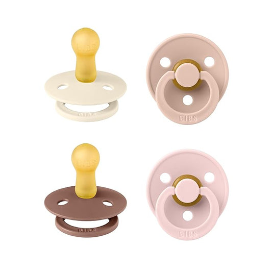 BIBS Pacifiers - Colour 4-Pack | BPA Free Baby Pacifier | Round Nipple Binkies | Natural Rubber Latex Soother | Made in Denmark | Size 6-18 Months | Blush Mix