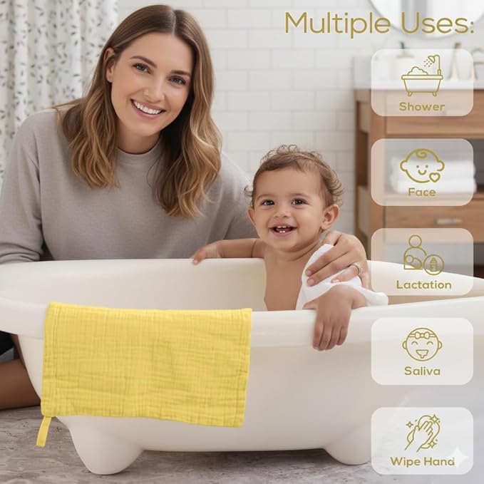 Muslin Baby Washcloths for Newborns, Pack of 8, 11"x11", Super Soft Cotton, Absorbent and Gentle, Baby Cotton Wipes, Baby wash Cloths
