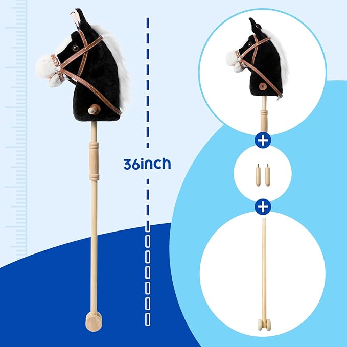 HollyHOME Stick Horse Plush Handcrafted Hobby Horse on a Stick with Wood Wheels Real Pony Neighing and Galloping Sounds for Kids Toddlers Black 36 Inches(AA Batteries Required)