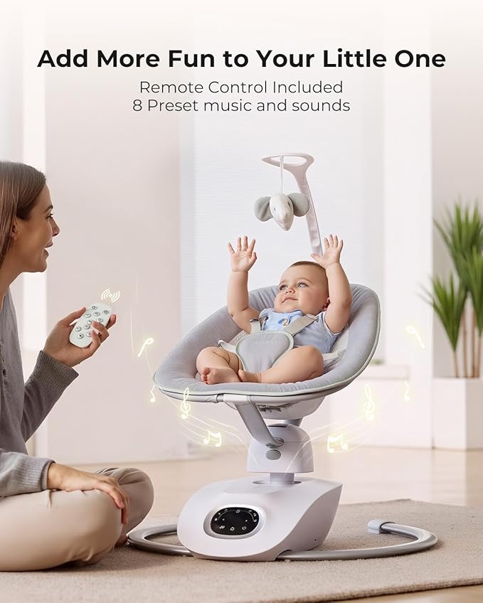 Momcozy CocoSway Baby Swing, Electric Swing for Infants with 180° Rotating Seat, 6 Soothing Sway Motions & 4 Speeds, Remote & Touchscreen, 8 Preset Lullabies, Grey