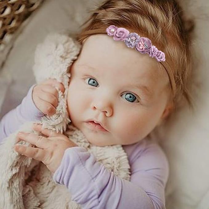 cherrboll 3pcs Baby Girl Flower Headbands, Super Soft & Stretchy Nylon Floral Hairbands for Newborn Toddler