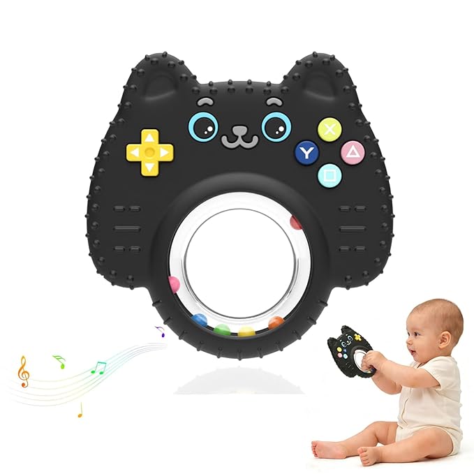 Teething Toys for Baby, Sensory Baby Chew Toy, Rattle Ring Teether Toys for Babies 0-3-6-12 Months, Silicone TV Remote Control Shape for New Baby Gift (Black)