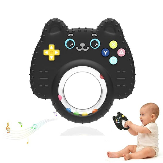 Teething Toys for Baby, Sensory Baby Chew Toy, Rattle Ring Teether Toys for Babies 0-3-6-12 Months, Silicone TV Remote Control Shape for New Baby Gift (Black)