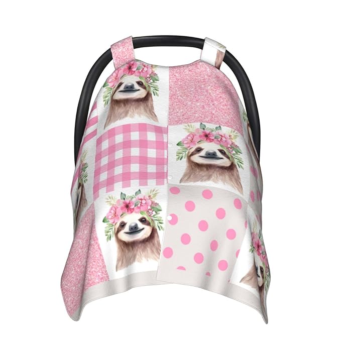 Pink Glitter Sloth Floral Car Seat Canopy Cover, Universal Fit for Infant Car Seats，Breathable,Multi-Use Nursing Cover, Gift Ready