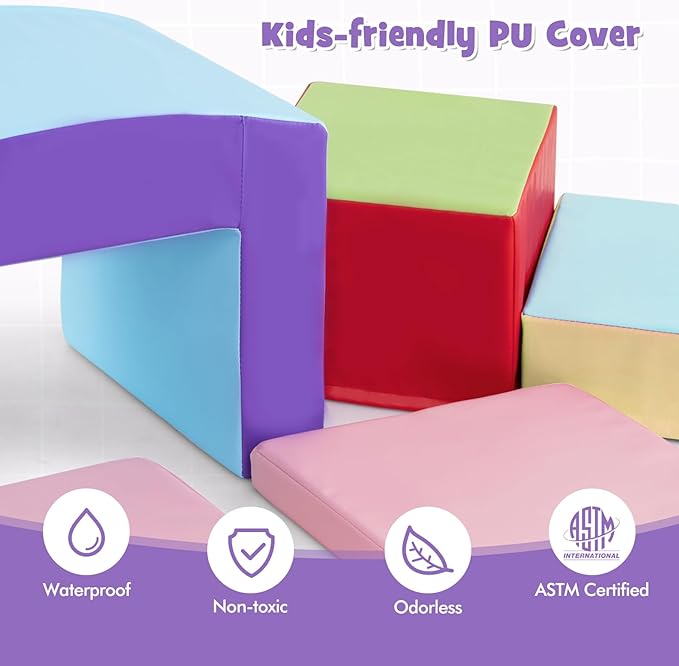Olakids Climbing Toys for Toddlers, 7 Pieces Indoor Baby Foam Blocks Soft Play Set with PU Leather, Kids Climb and Crawl Sliding Activity Structure Gym Playground Climber