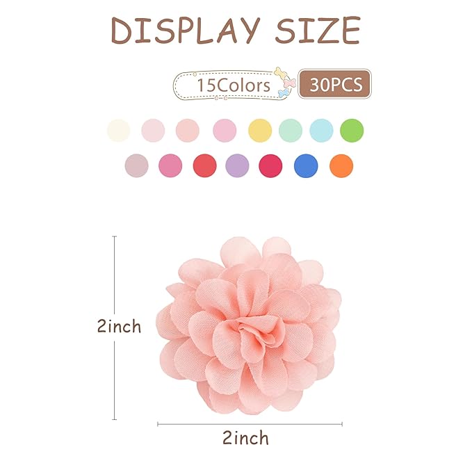 30pcs 2" Chiffon Flower Pearl Hair Clips for Girls Half Lined Non Slip Tiny Baby Clips Hair Accessories for Baby Girls Newborns Infants Toddlers 15 Colors in Pairs