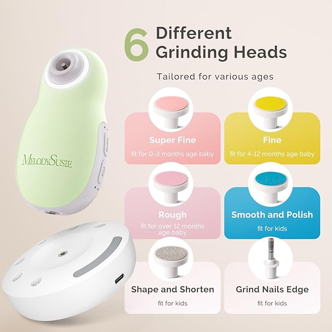 MelodySusie Baby Electric Nail File Kit, PC20F Magnetic Rechargeable & Safe Nail Trimmer with Night Light, Quiet Operation for Newborns, Infants, Toddlers, Gentle Nail Care Clipper, Green