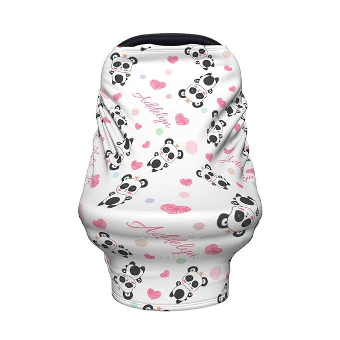 Personalized Baby Car Seat Cover for Girls, Custom Panda Pink Nursing Covers for Breastfeeding with Name, Infant Stroller Cover, Baby Carseat Canopy for Newborn, Multiuse Car Seat Canopies