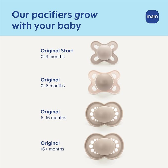 MAM Original Start Baby Pacifiers 0-3 Months, BPA-Free Skin Soft Silicone Nipple, Glows in The Dark, Developed with Medical Experts Specially for Smaller Newborn Mouths, 2 Pk with Sterilizer Case