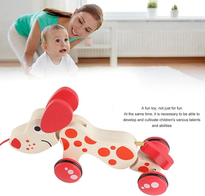 Push Pull Toy Puppy Walk Along Pull Wooden Hound Dog Walk A Long Puppy Wooden Pull Toy for Walking Toddlers (Dog)