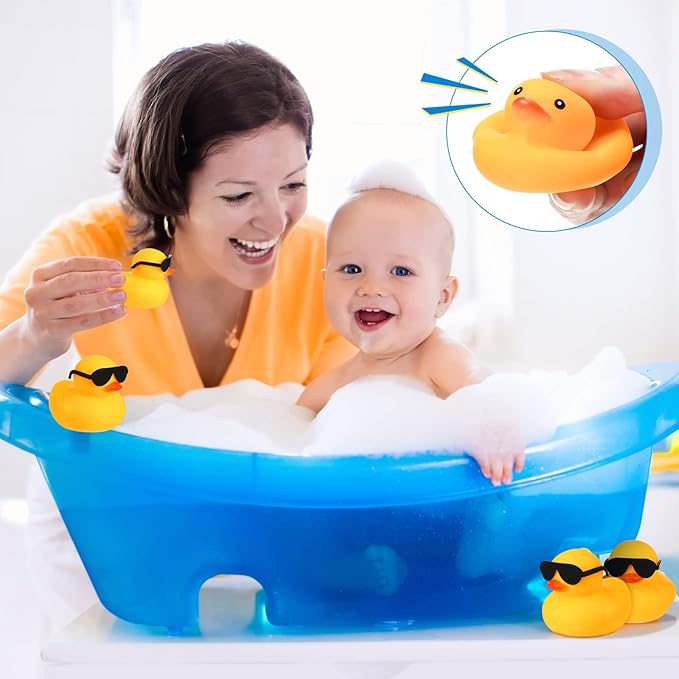 Chivao 12 Pcs Rubber Ducks with 12 Sunglasses/ Hats/ Headwear Small Mini Carnival Cruise Birthday Rubber Duckies Bathtub Toys in Bulk(Duck with Sunglasses,Yellow)