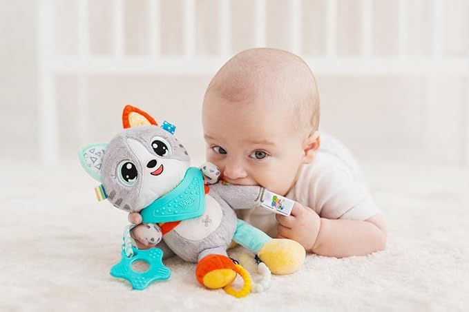 Balibazoo Luka The Cat Hanging Baby Toy – Soft Plush Sensory Toy with 4 BPA-Free Silicone Teethers, Crinkle Ears & Hidden Bell | Clip for Stroller, Car Seat, and Carrier | Developmental Toy 0-24M